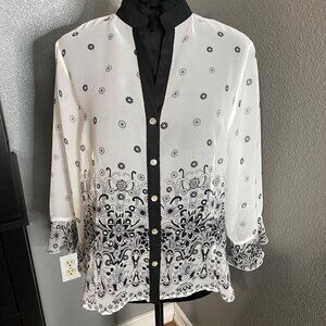 Investments Petites Blouse Womens L‎ Black White Floral Print Officecore Chic